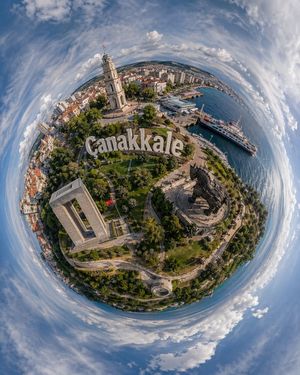 This prompt generates a realistic 360-degree tiny-planet drone view of C...