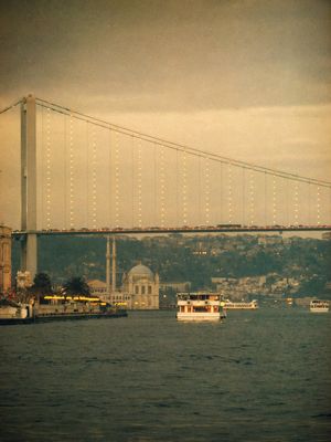 This prompt generates a moody sepia-toned Istanbul waterfront scene with...