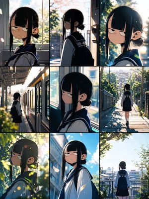 A nine-panel anime storyboard collage showing a deadpan schoolgirl durin...