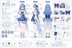 A detailed anime VTuber design sheet showing full-body front, side, and...