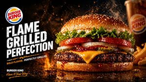 A dramatic fast-food promotional poster featuring a flame-grilled cheese...