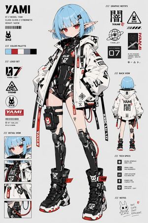A polished anime-style character design sheet for a petite elf cyborg gi...