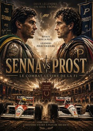 A dramatic vintage-style motorsport poster depicting Senna and Prost as...