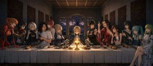 This prompt generates a dramatic wide-format anime group banquet scene s...