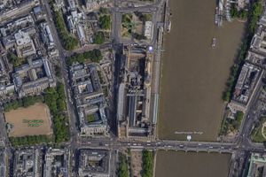 This prompt generates a realistic labeled satellite-style aerial map cen...