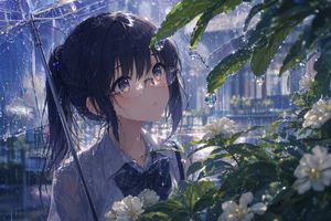 A detailed anime rain portrait focused on transparent water effects, sof...