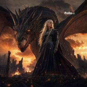 A photorealistic fantasy poster image of a silver-haired queen standing...