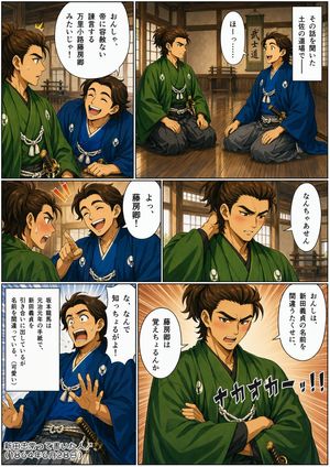 A six-panel historical manga page showing two Bakumatsu-era samurai talk...