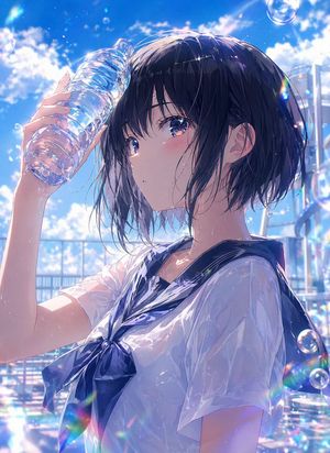A glossy anime illustration prompt for creating a sunlit summer school p...