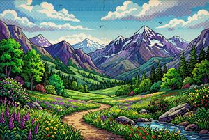 A vibrant pixel art alpine landscape with halftone comic shading, ideal...
