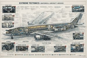 A highly detailed engineering-style poster showing a commercial jet in c...