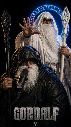 A photorealistic parody fantasy poster showing two Gandalf-like wizards...