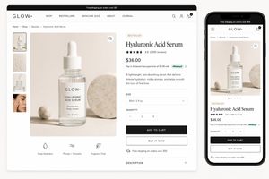 A polished desktop-and-mobile e-commerce mockup for a premium skincare s...