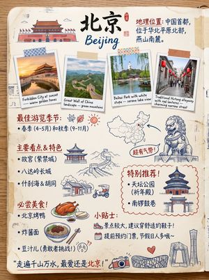 This prompt generates a warm hand-drawn Beijing travel guide poster in a...