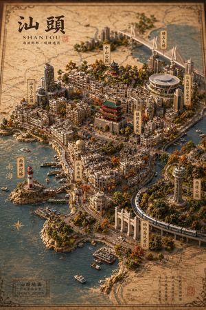 Generates a highly detailed, isometric 3D miniature map of a coastal cit...