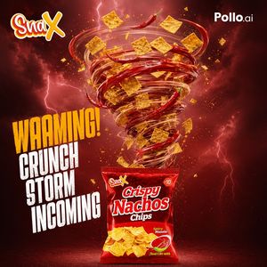 A bold square snack advertisement featuring a tornado of chips and red c...