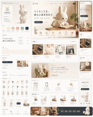 A polished design-system-style portfolio mockup featuring a soft 3D rabb...