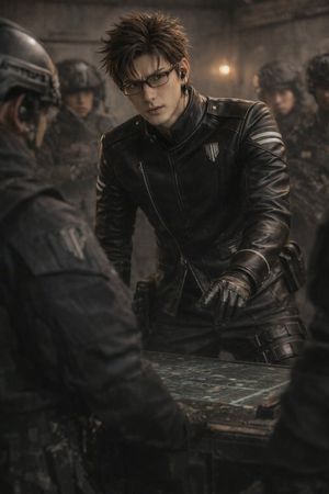 Generates a photorealistic, cinematic image of a tactical leader pointin...