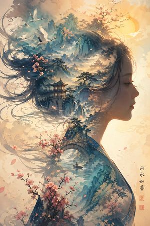 This prompt generates an elegant East Asian fantasy portrait-landscape h...