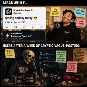 Generates a two-panel meme contrasting a smug tech employee vague-postin...