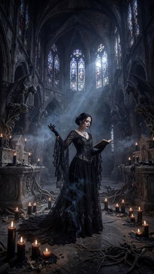 This prompt generates a cinematic dark-fantasy portrait of a spellcastin...