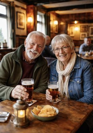 Generates a highly realistic portrait of an older couple enjoying drinks...