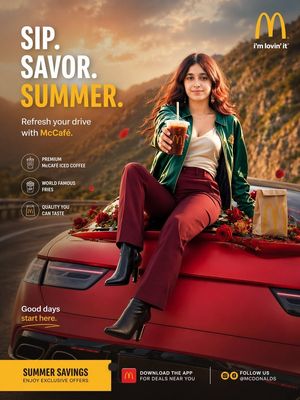A polished vertical fast-food campaign image showing a stylish woman on...