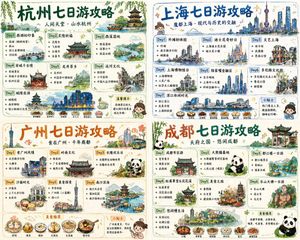 This generates a hand-painted four-panel Chinese travel itinerary infogr...