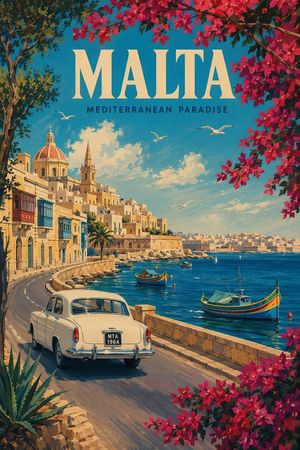 This prompt generates a nostalgic illustrated tourism poster of Malta wi...