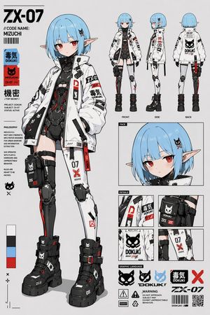 A polished anime reference sheet for a branded cyberpunk elf girl charac...