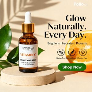 A polished square skincare product advertisement showing a vitamin C ser...