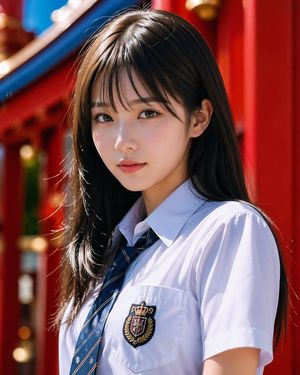 This prompt generates a realistic fashion-style portrait of a school-uni...