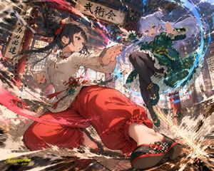 Generates a dynamic, high-impact anime illustration of two female charac...