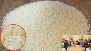 This prompt generates a realistic close-up of a pile of rice with one en...