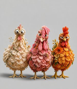 This prompt generates a cute surreal studio image of three chickens made...