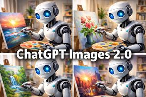 A polished four-panel promotional collage shows a cute blue-eyed robot p...