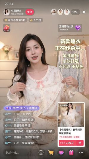 Generates a mobile live-streaming interface for e-commerce, featuring a...