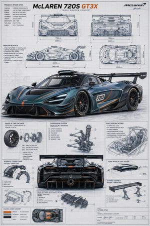 A highly detailed automotive concept blueprint poster showing a McLaren...