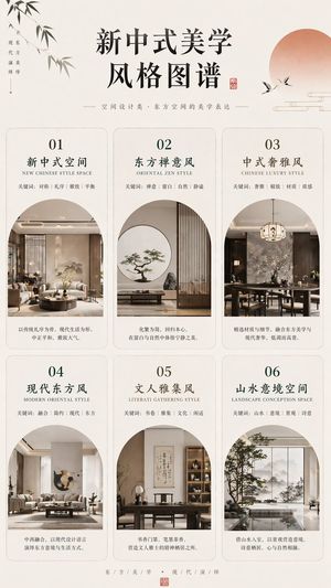 A refined editorial poster presenting six New Chinese interior design st...
