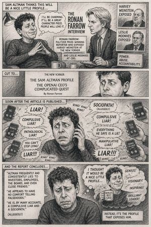 Generates a detailed, multi-panel black and white satirical comic strip...