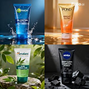 This prompt generates a polished four-panel skincare advertisement colla...