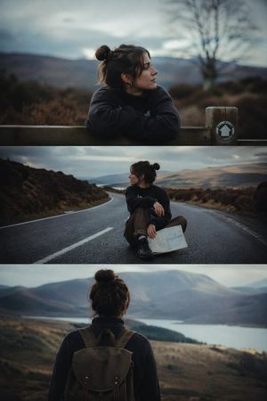 A realistic vertical triptych of a lone female traveler across three moo...