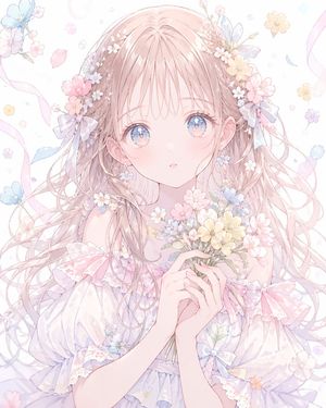 This prompt generates a soft romantic anime girl portrait with floral de...