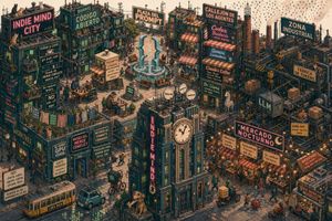 This prompt generates a dense isometric retro-futurist city scene full o...