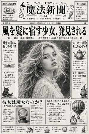 A Meiji-era-inspired Japanese fantasy newspaper front page with a giant...