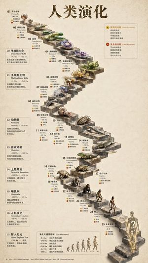Transforms a flat evolutionary timeline into a realistic 3D stone stairc...