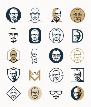 A clean vector design sheet showing 20 variations of male avatar and eye...