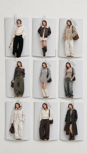 A photorealistic 3x3 fashion lookbook prompt for generating a neutral-to...