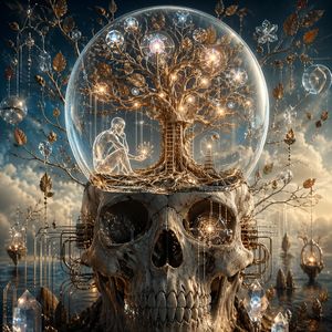 A richly detailed surreal fantasy artwork of a skull topped by a glass s...