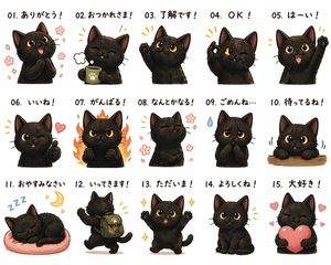 A 15-panel kawaii black kitten sticker sheet with Japanese reaction phra...